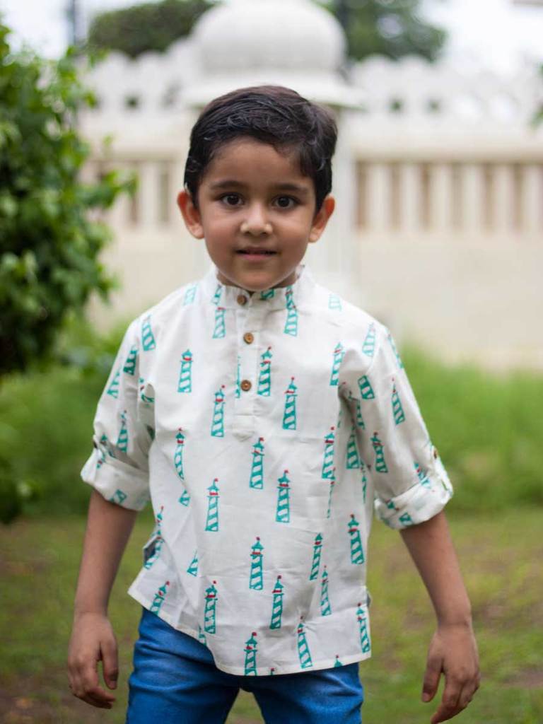 Lighthouse Organic Cotton Shirt Kurta with Roll-up Sleeves - Nimbu Kids