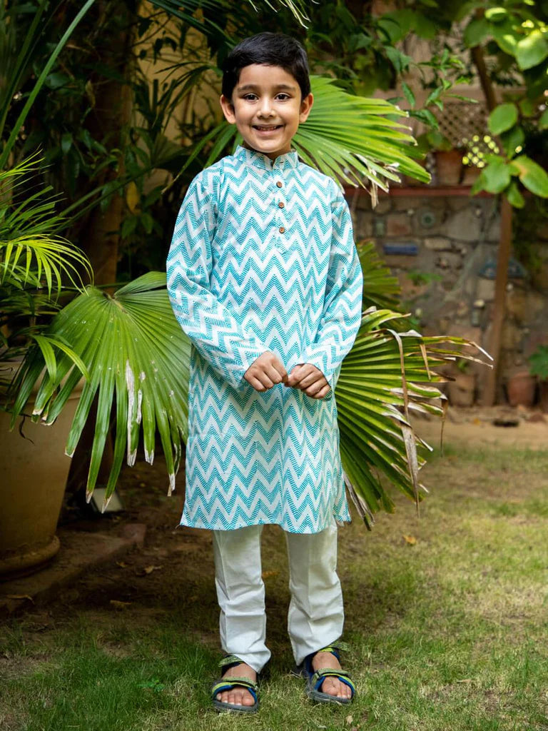 Sky Blue Zigzag Organic Cotton Long Kurta - Nimbu Kids