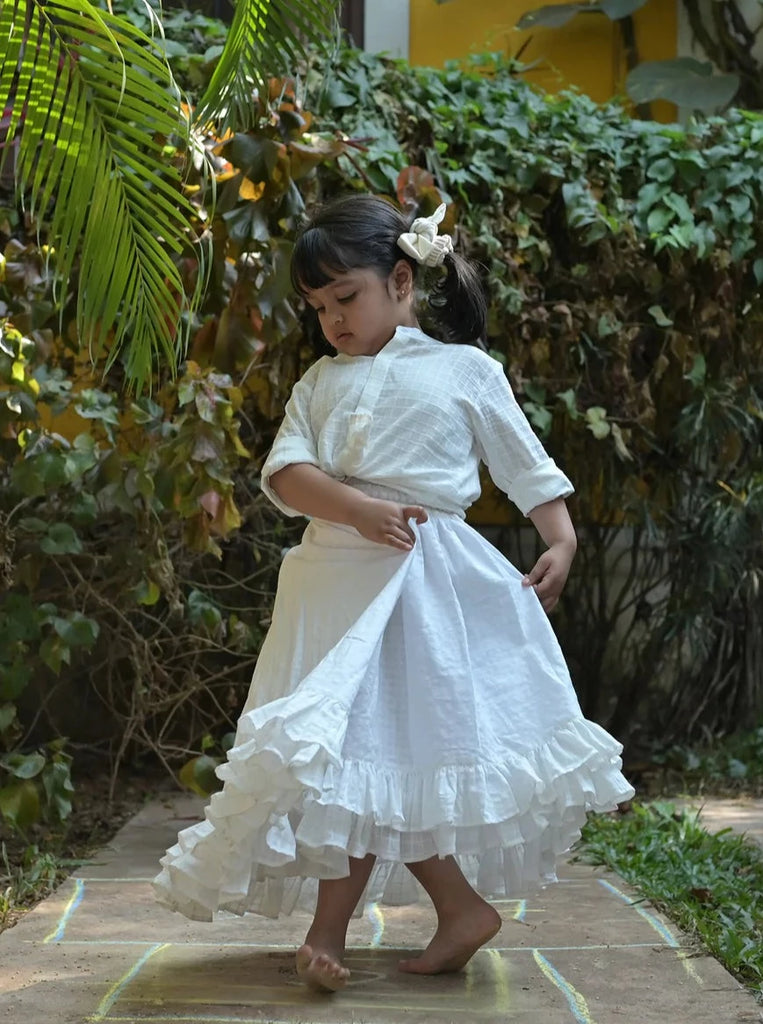 Twirl Voluminous Hi-Low Skirt in Off-White Handwoven Checks - Nimbu Kids
