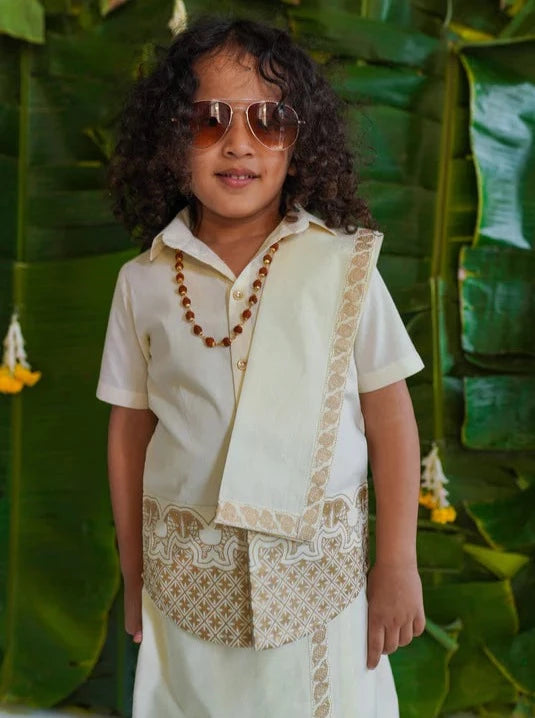 Rajnikant 3pc Cotton Mundu Set in Cream - Nimbu Kids