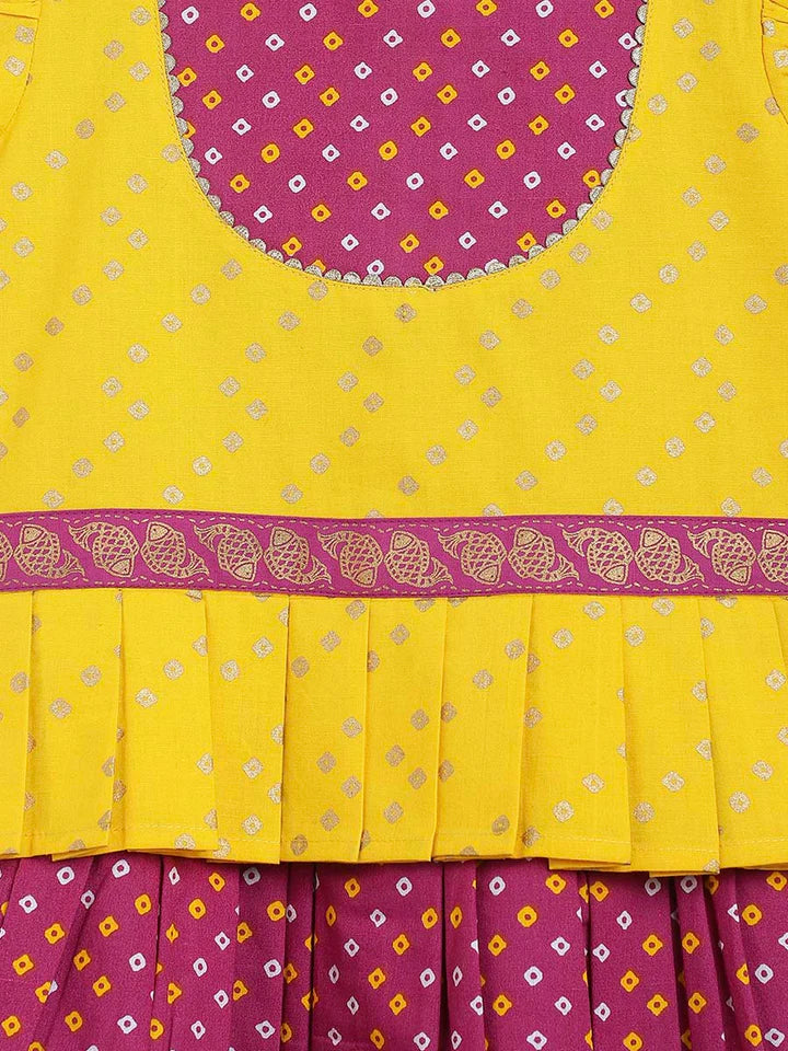 North meets South Bandhani Cotton Pavadai in Yellow & Purple - Nimbu Kids