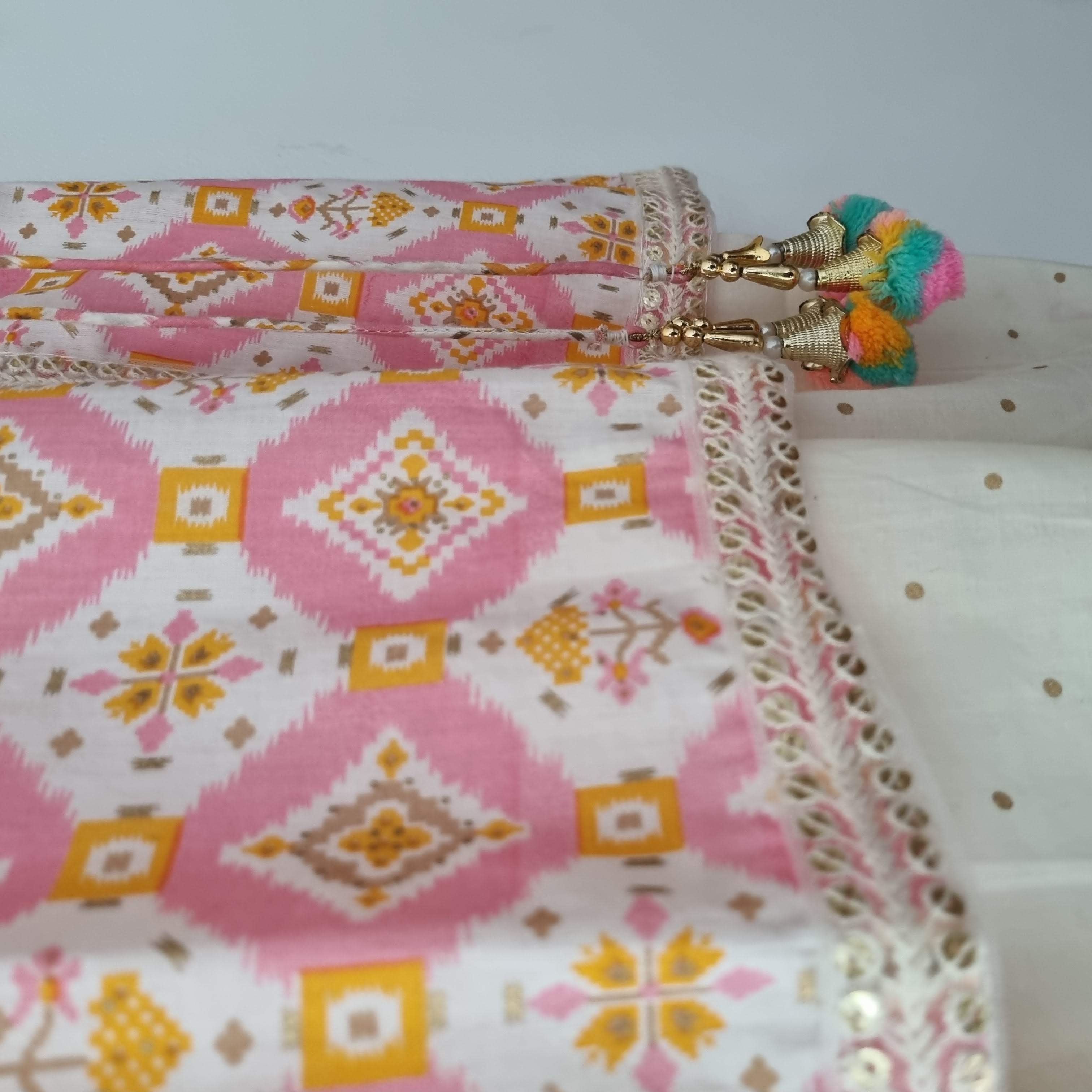 Pastel Pink Ikat Angarkha Kurti with Unicorn Colour Tassels - Nimbu Kids