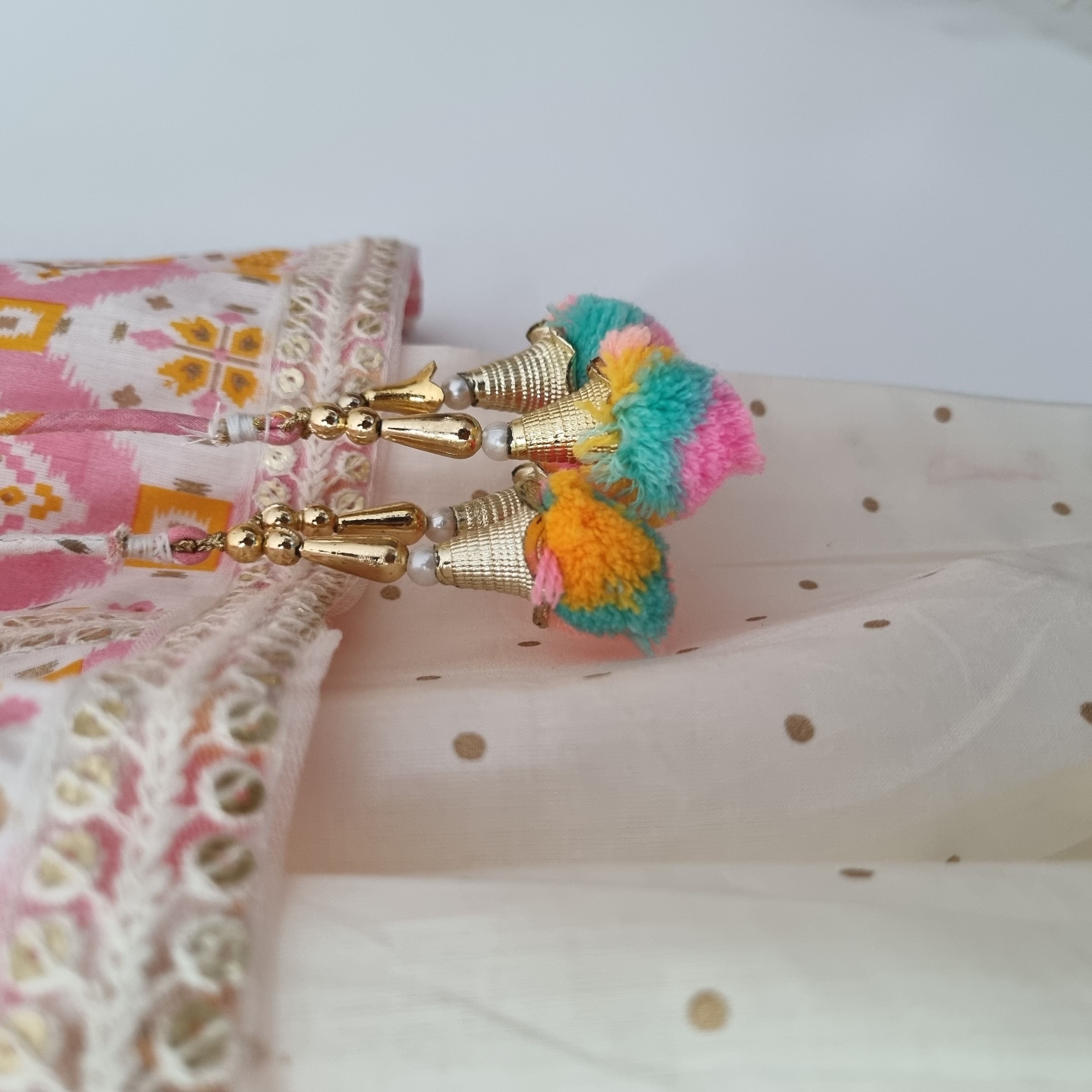 Pastel Pink Ikat Angarkha Kurti with Unicorn Colour Tassels - Nimbu Kids