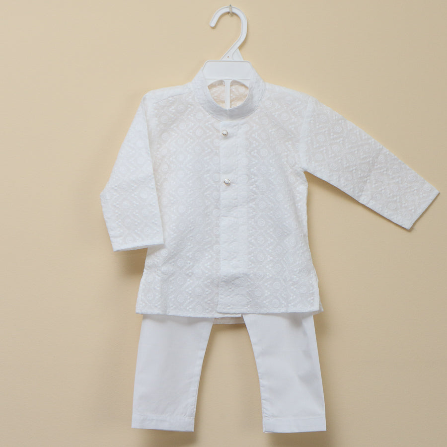 Pure White Embroidered Kurta Pajama Set - Nimbu Kids